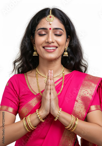 Indian Woman in Traditional Attire with Namaste Gesture