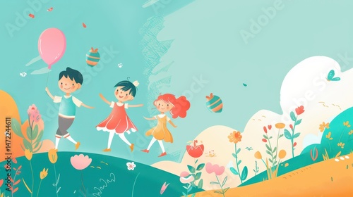 Joyful celebration of international children's day with kids playing in a colorful meadow. Horizontal banner. Copy space. Flat illustration. Free space for text