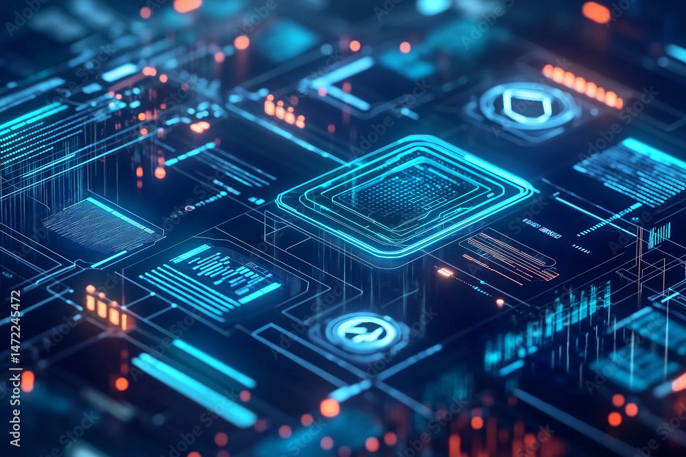 Abstract Digital Circuit Board With Glowing Blue And Orange Elements Abstract Digital Circuit Board With Glowing Blue And Orange Elements