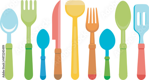 A detailed vector art illustration featuring various plastic cutlery items, including forks, knives, and spoons, ideal for kitchen or dining designs.