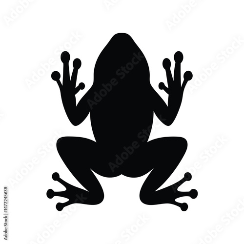 Black silhouette vector of a frog with detailed limbs and toes on a white background