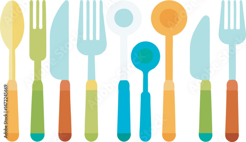 A detailed vector art illustration featuring various plastic cutlery items, including forks, knives, and spoons, ideal for kitchen or dining designs.