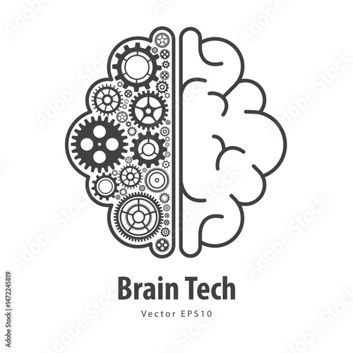 Concept of Engineer and Innovation. Brain Tech. Gears and cogs brain and human brain. Human and Artificial Intelligence. Innovations powered by machine learning and Deep learning. Vector illustration.