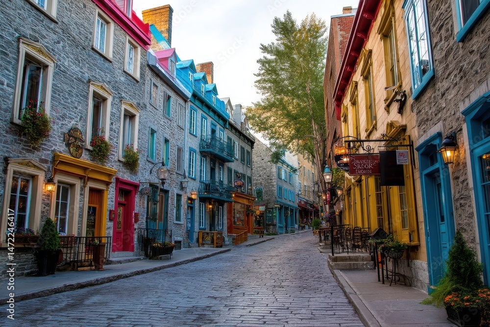 Fototapeta premium Historic cobblestone street lined with quaint buildings, evoking nostalgia
