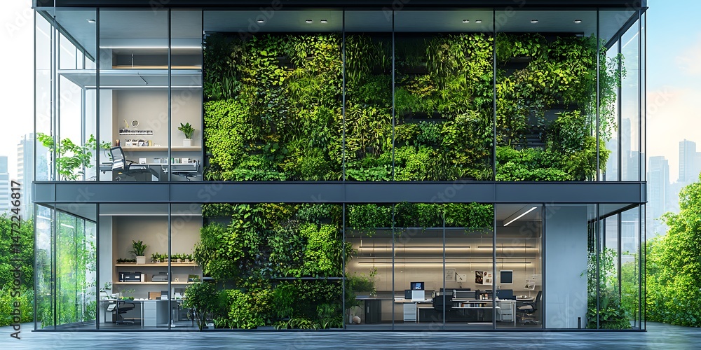 Fototapeta premium Modern office with green wall, city view