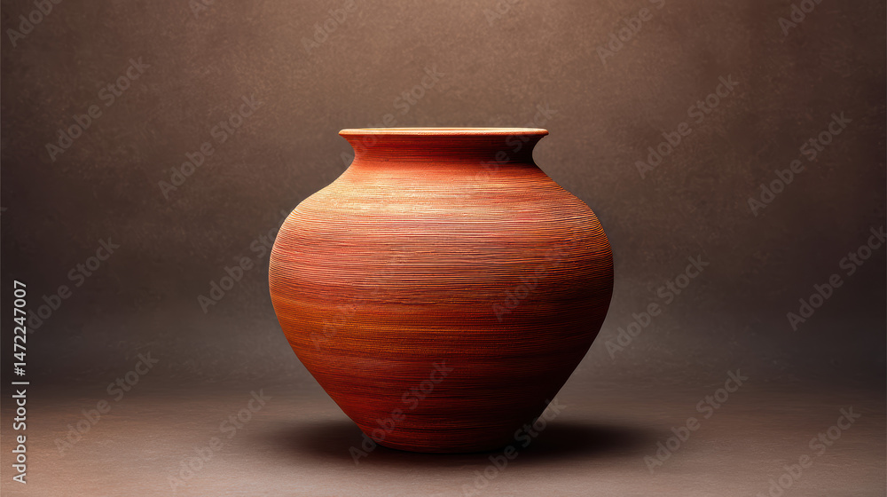 An earthenware pot with reddish-brown tones sits centered against a blurred dark brown background, showcasing rustic pottery and simplicity of handmade crafts. An earthenware pot with reddish-brown tones sits centered against a blurred dark brown background, showcasing rustic pottery and simplicity of handmade crafts.