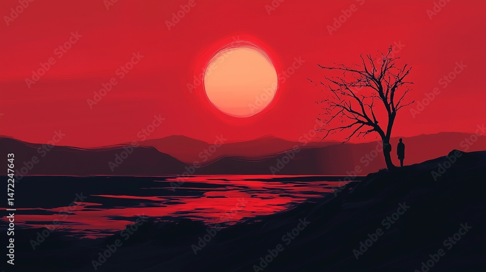 Fototapeta premium Crimson Reflections: A Solitary Figure Gazing at a Fiery River Under the Sun 