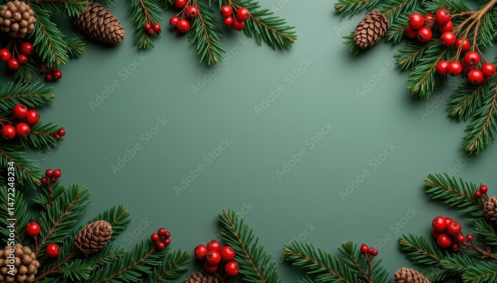 Festive Christmas Arrangement with Pine Cones and Berries on a Green Background Festive Christmas Arrangement with Pine Cones and Berries on a Green Background