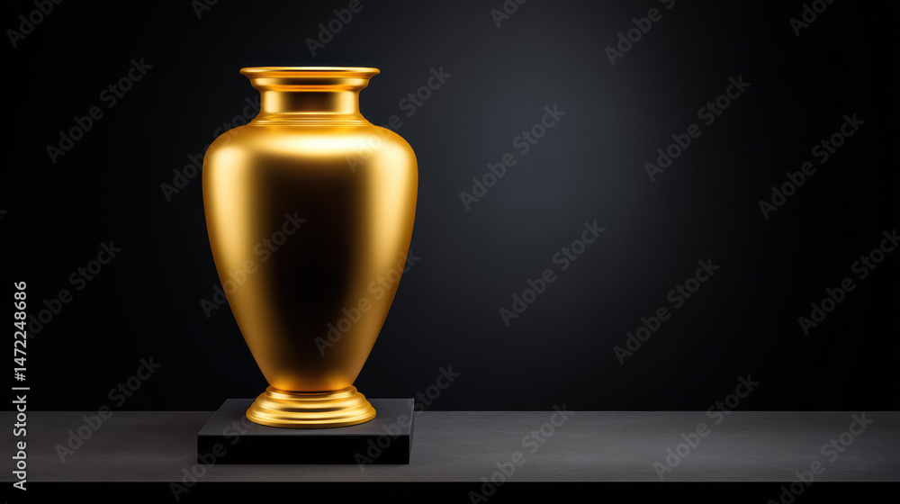 Fototapeta premium The radiant golden vase, a symbol of opulence and artistry, catches the light with its smooth curves, standing on a sleek black pedestal in the shadowed space.