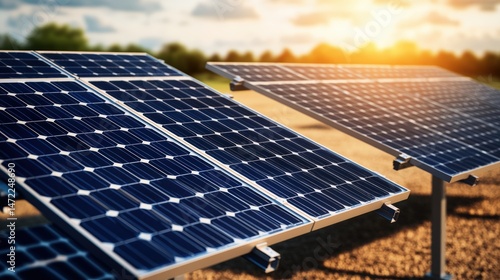 Solar panels absorb the sun's radiant light creating clean renewable energy in a rural countryside field.