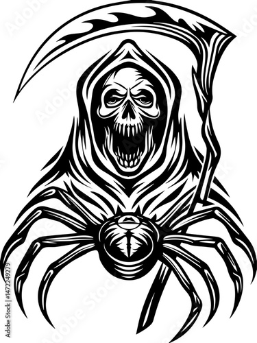 Wallpaper Mural SVG vector of a dark fantasy Spider Reaper with a skull face, spider limbs, and a haunting aura. Creepy Legged Reaper Crawling from the Crypt Illustration Design Torontodigital.ca