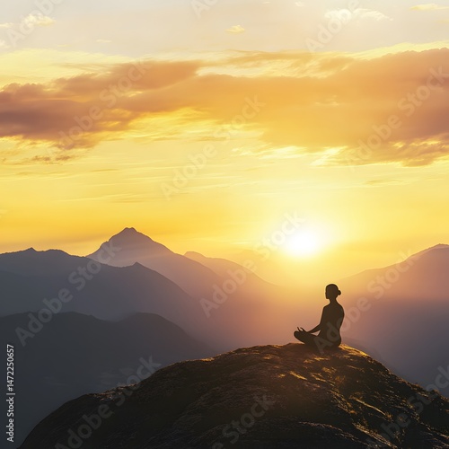 A person meditating on a mountaintop at sunrise, with clouds below