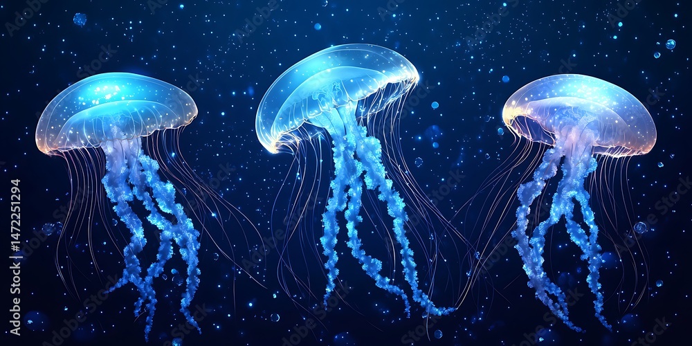Fototapeta premium Glowing jellyfish swim in dark ocean depths, ideal for marine life projects