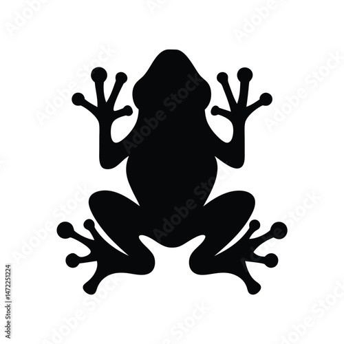 Black silhouette vector of a frog with detailed limbs and toes on a white background