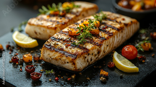 Grilled Fish Fillets with Lemon and Fresh Herbs on Rustic Plate
