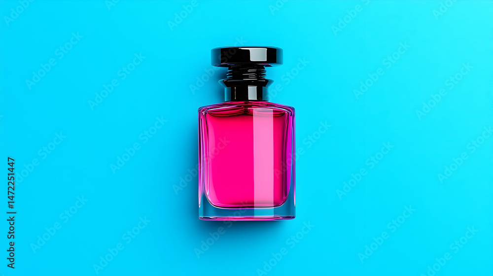 Vibrant pink perfume in a clear rectangular bottle with a black cap against a bright blue background Vibrant pink perfume in a clear rectangular bottle with a black cap against a bright blue background
