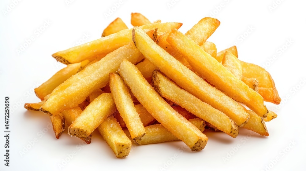 Golden and crispy french fries are beautifully piled on a seamless white background ready to be eaten now. Golden and crispy french fries are beautifully piled on a seamless white background ready to be eaten now.