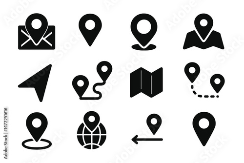 Icons representing various navigation and location concepts for maps and travel apps in a modern vector style
