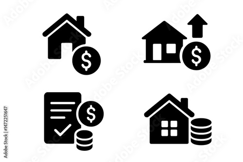 Icon set depicting real estate concepts related to property investment and financial transactions in a minimalist design