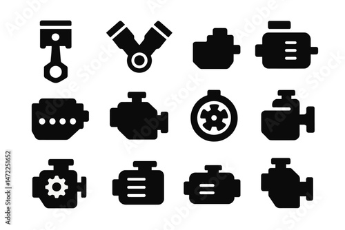 Various vector icons of automotive engine components and symbols in a minimalist design suitable for automotive graphics