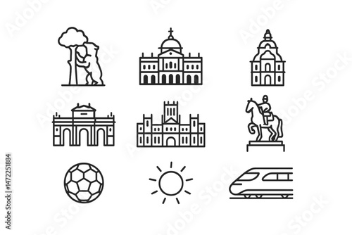 Vector icon set featuring landmarks, sports, and travel elements representing urban culture
