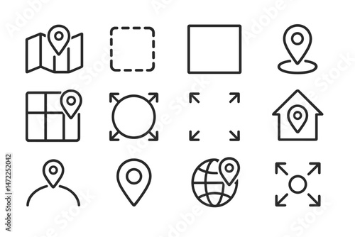 Collection of vector location icons showcasing various map and pin designs for digital navigation and mapping applications