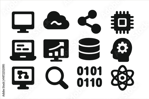 Collection of vector icons representing technology, data, and computing concepts for modern digital applications