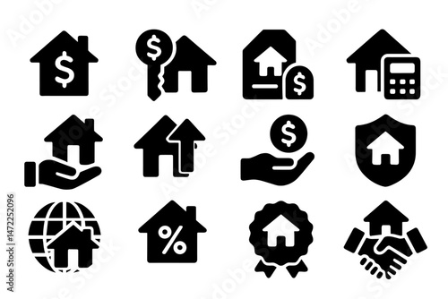 Collection of vector icons representing real estate concepts including housing, finance, and market growth