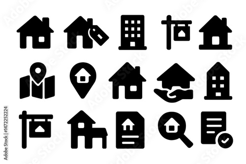 This collection features diverse vector icons related to real estate, showcasing elements like houses, buildings, maps, and documents