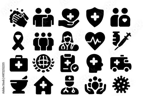 Collection of vector icons representing healthcare and medical themes for use in various applications