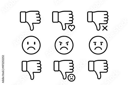 Collection of vector icons representing negative reactions with thumbs down and sad faces in a simple design