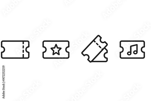 Vector icons representing various ticket types for events, entertainment, and experiences in a minimalistic style