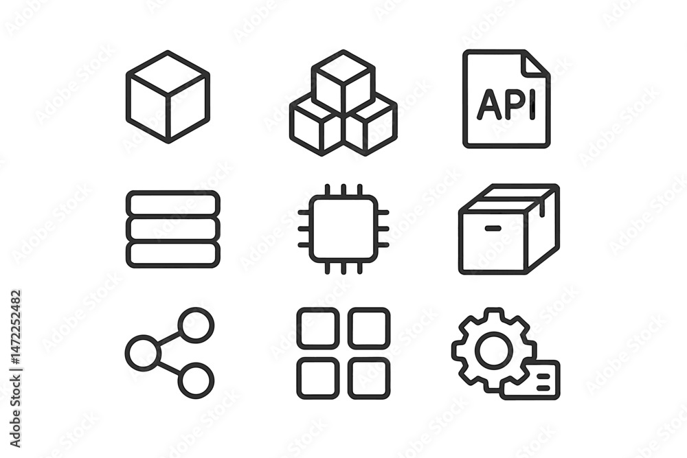 Vector icons depicting technology and data concepts with cubes, APIs, and hardware components for digital design projects Vector icons depicting technology and data concepts with cubes, APIs, and hardware components for digital design projects