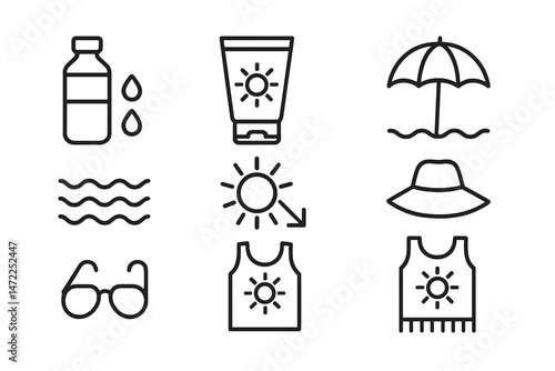Vector icons representing summer essentials for hydration and sun protection during beach activities