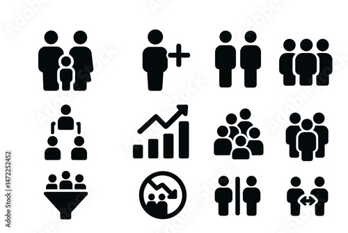 Vector icon set displaying various social interactions and relationships among individuals in diverse groupings and configurations