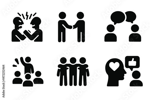 Vector icons depicting various social interactions including conflict resolution, conversation, and teamwork styles