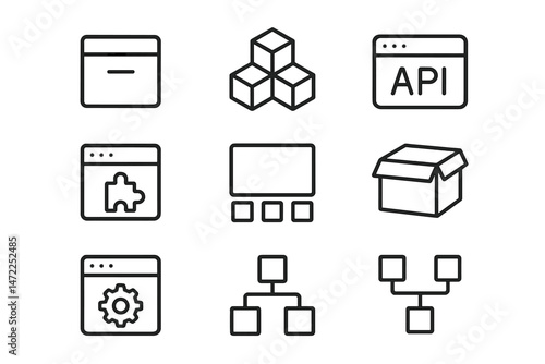 Modern vector icons representing technology, software development, and system architecture in a clean design