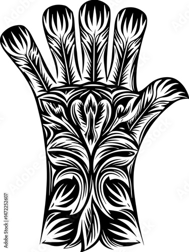SVG vector of a dark fantasy armored skull warrior, clad in spiked armor. Intricate Black and White Armor Design of a Muscular Hand