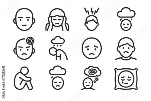 Vector icons depicting various emotions related to sadness and distress in a simple line design