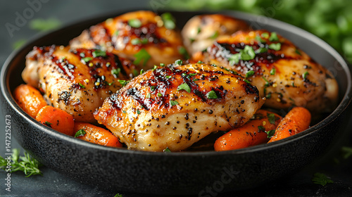Grilled Chicken with Carrots and Fresh Herbs in a Black Bowl