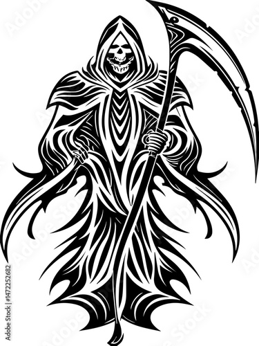 SVG vector of a dark fantasy armored skull warrior, clad in spiked armor. Muscular Grim Reaper in Intricate Armor Design with Scythe