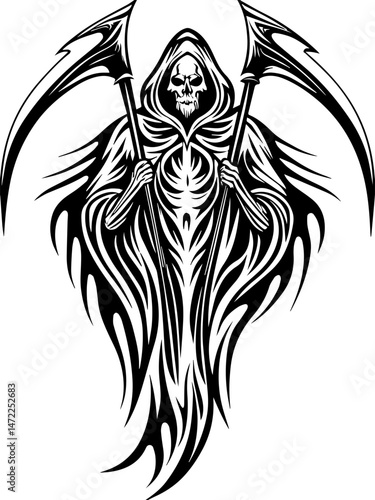 SVG vector of a dark fantasy armored skull warrior, clad in spiked armor. Dark Hooded Figure with Scythes and Flame-like Patterns