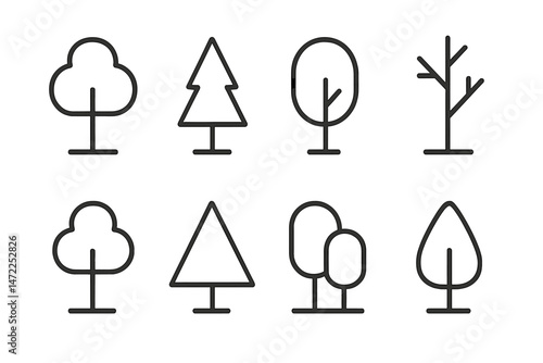 Vector icons of various tree types with simple outlines for design projects and environmental themes