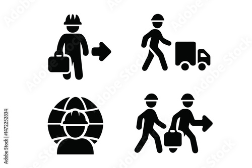 Construction and logistics vector icons depicting workers and transportation activities in an industrial setting