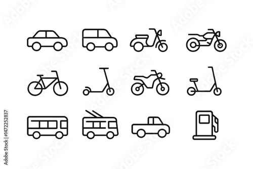 Collection of vector icons representing various modes of transportation including cars, bicycles, scooters, and buses