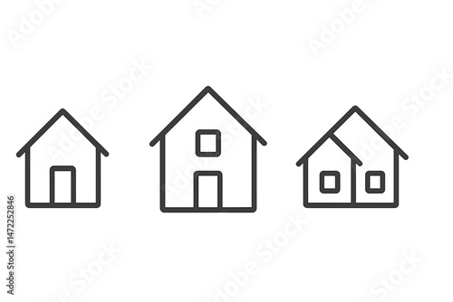 Multiple styles of house icons representing different architectural designs and sizes in a minimalist vector format