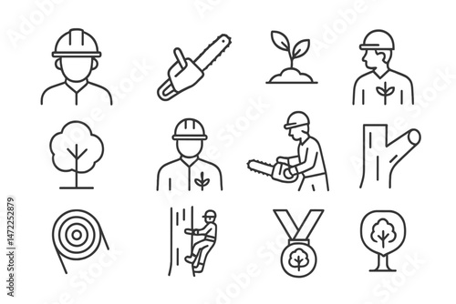 Vector icon set depicting various forestry activities, tools, and symbols related to tree maintenance and care