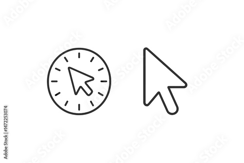 Vector icons depicting a cursor and a clock with a pointer for web design and user interface applications