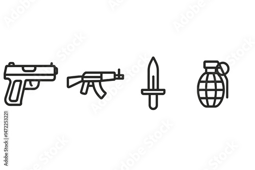 Vector icons of various weapons including a handgun, assault rifle, sword, and grenade designed in a minimalist style