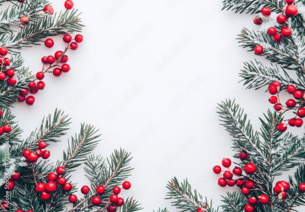 Snowy fir branches and red berries create a festive Christmas border, perfect for holiday cards or winter themed designs. The minimalist white background offers ample space for text. : Generative AI Snowy fir branches and red berries create a festive Christmas border, perfect for holiday cards or winter themed designs. The minimalist white background offers ample space for text. : Generative AI